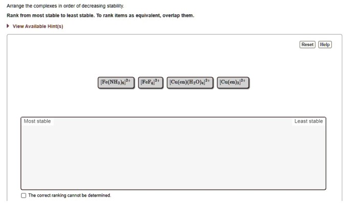 Arrange the complexes in order of decreasing stability