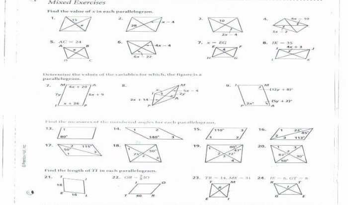 Properties of parallelograms worksheet answers