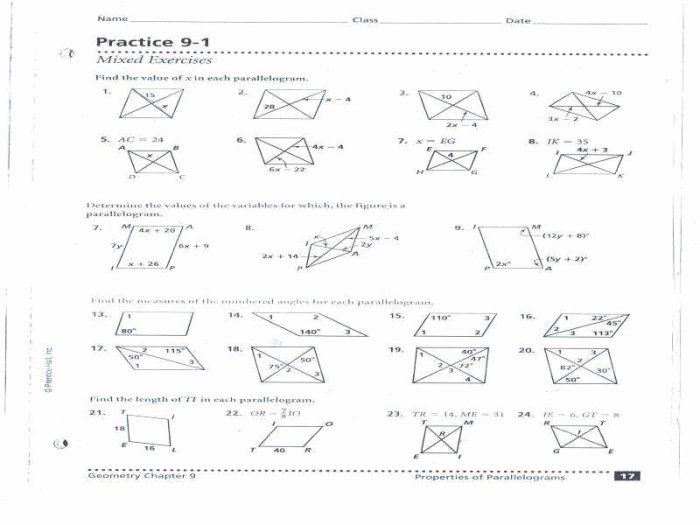 Properties of parallelograms worksheet answers